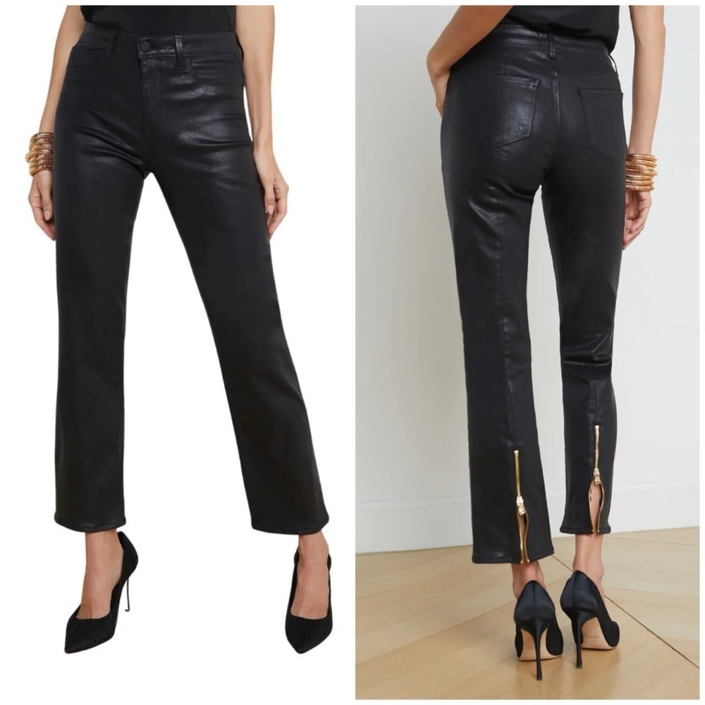 New L’Agence Ginny High Rise Straight Jeans Black Noir Coated Sz 25